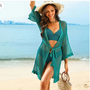 NWT Jasambac Teal Hollowed-out Cardigan 3/4 Sleeve Open Front Beach Cover-Up Sm